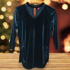 Vince Camuto v-neck top green‎ velvet size Lg choker collar gold polka dot studs